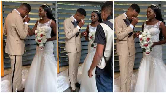 "E no easy": Grown man cries like baby at his wedding, wife wipes his tears in video