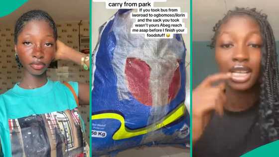 Lady mistakenly carries someone else's sack bag home after alighting from bus, displays items in it