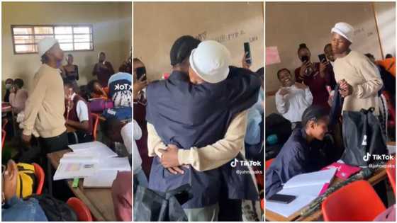 "He has another plan": Secondary school boy walks like a king towards girl & hugs her, classmates scream