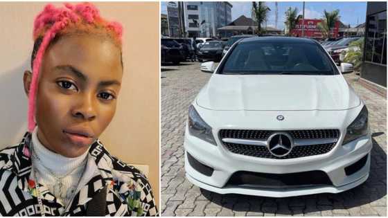As e dey hot: Female rapper Candy Bleakz joins Benz gang, flaunts fancy new ride in photos