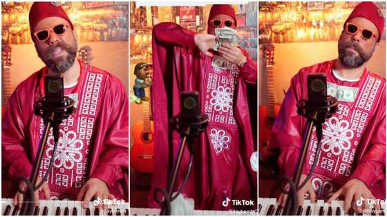 Oyinbo man turns Ameno Dorime track into Yoruba song, video of him wearing agbada causes stir online
