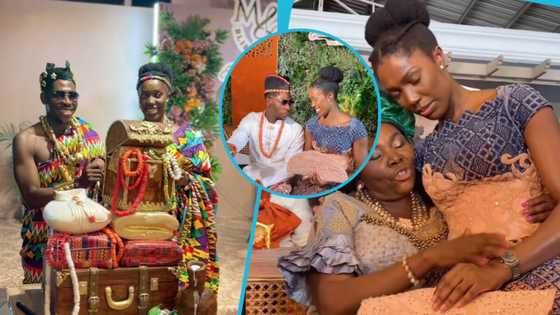 Moses Bliss' mum carries Marie Wiseborn on her lap as she prays for her during their plush wedding