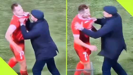 Angry coach grabs his player, vows he'll never play again after red card, video