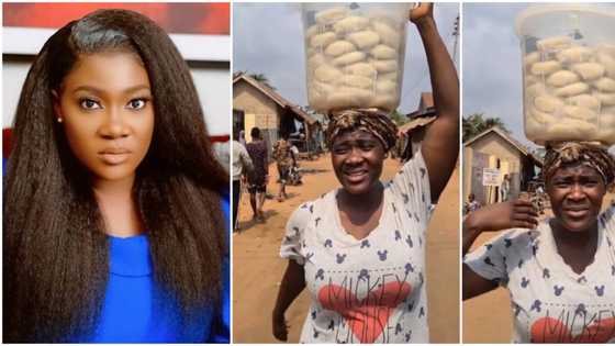 My back is broken - Mercy Johnson prays for mums as she plays role of fufu seller on movie set (video)