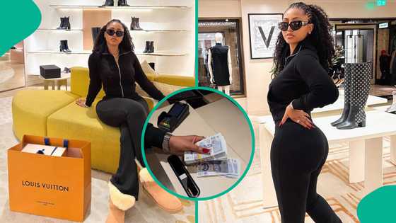 Regina Daniels goes on shopping spree in UK, flaunts cash, netizens react: "Na savings she dey chop"
