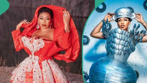 Toyin Lawani rocks daunting fur jacket, gives raunchy vibe, peeps react: "Your beauty dey rush"