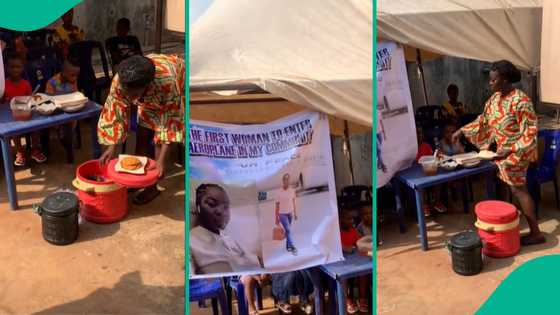 Lady cooks food, reportedly celebrates being the first woman to enter aeroplane in her community