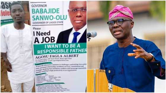 Young man prints his CV on billboard, takes it to Sanwo-Olu's office in Ikeja to beg for job