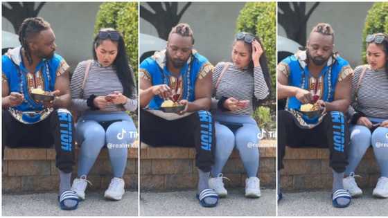 "What are you doing?" Oyinbo lady shocked to see man eating egusi with bare hands, video trends
