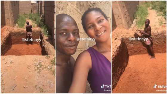 Beautiful lady shows love to boyfriend digging soakaway on site, takes food to him in video