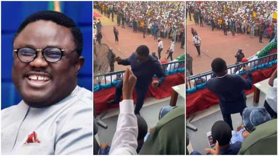 Cross River governor joins Tik Tok dance challenge, shows moves on stage with 1 leg up, many scream in video