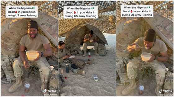 Nigerian man serving in US Army drinks garri during training, tells colleagues he likes it in viral video
