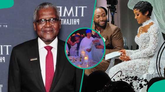 Chivido: Dangote and pretty lady interact at Davido's wedding, "Cameraman did a great job"