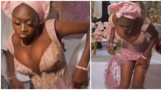 Lady in stylish asoebi dress sparks mixed reactions over dancing moves: "She dey dance like agbero"