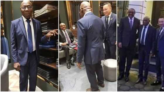 Nigerians react to cute photos of former president Obasanjo rocking a suit