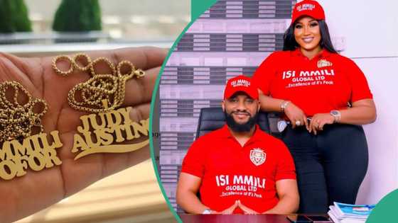 Yul Edochie bashed as he flaunts customized gold jewellery of himself and 2nd wife, Judy Austin