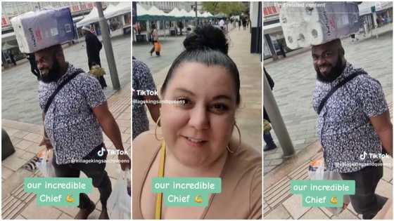 "New citizenship loading": Nigerian man carries load on head for oyinbo wife, laughs on way back from market
