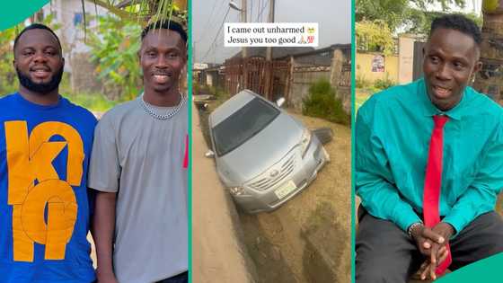 Sabinus' colleague miraculously survives car accident, shares clip, many react: "Wetin u dey drive?"