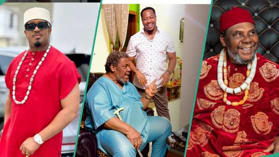 Pete Edochie elated as Mike Ezuruonye pays him surprise visit with bottles of wine: "Sweet to watch"