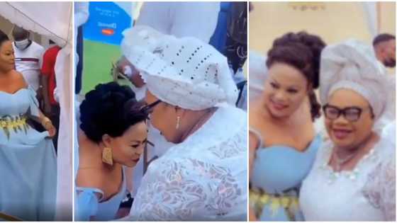 So humble: Actress Sola Sobowale goes down on both knees to greet Iya Awero at star-studded birthday party