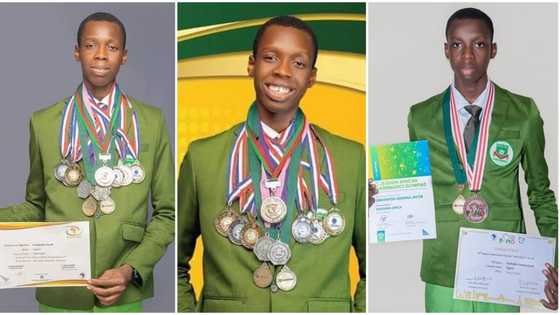 Champion of Mathematics: Nigerian kid genius displays neck full of plenty medals he won in Maths competitions