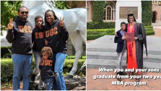 Nigerians congratulate Cobhams Asuquo’s wife as she graduates from MBA, rocks matching jackets with family