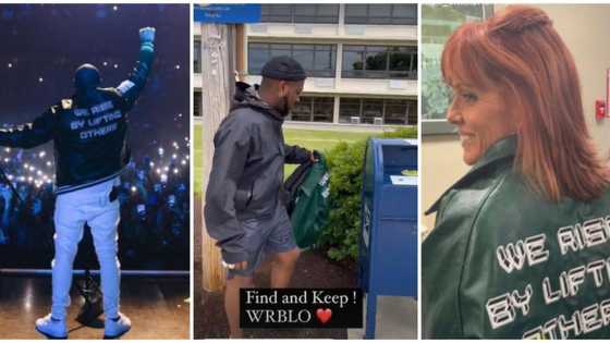 Lucky ‘oyinbo’ woman finds Davido’s customized jacket that he hid in Boston, rocks it in cool photo