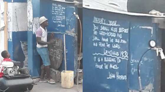 Street vulcanizer spotted teaching young boy serious English at his shop, photo surprises people