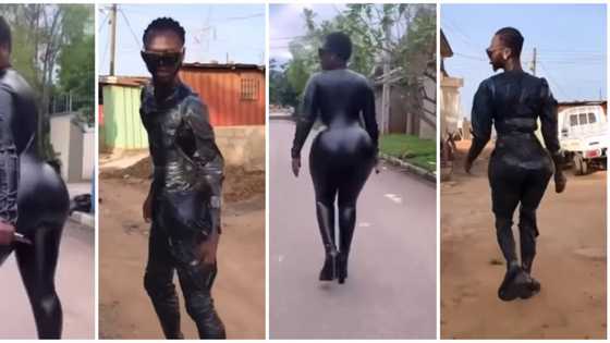 Celebrity recreation: Ghanaian comedian replicates actress Destiny Etiko's black leather look in new video