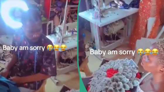 "I don't want you anymore": Drama as tailor rejects girlfriend's apology and money bouquet in video
