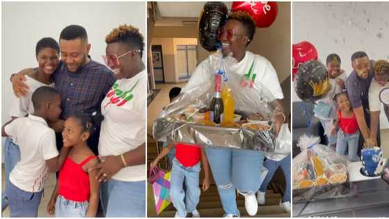 Beautiful moment Real Warri Pikin and kids surprised hubby with gifts, food tray, and cake on his birthday