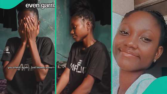 Female student tearfully displays her empty kitchen without foodstuffs, people console her