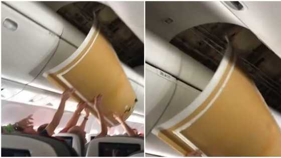 "Pilot please park": Video shows crazy moment passengers tried to fix collapsed aeroplane ceiling mid-flight