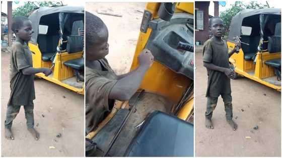 Little boy whose parents died and couldn't go to school becomes mechanic to survive, here's his video repairing a 'keke' (photos)