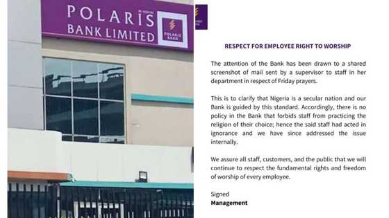 Polaris Bank's mail to staff Banning Friday prayers by Muslims draws backlash, bank clarifies statement