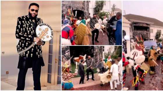 E-Money at 42: Praise singer, 'oghene' troupe storm billionaire's mansion in video, Obi Cubana, others celebrate