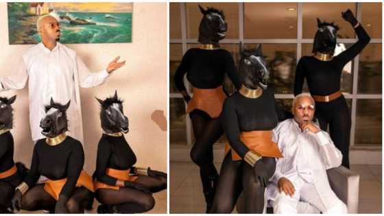 Mixed reactions as Pretty Mike storms event with 3 ladies sporting horseheads