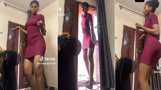"I keep hitting my head on doors": Tall lady struggles to enter room, whines waist sweetly in video