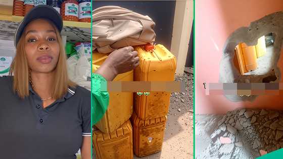 Businesswoman cries as thieves steal 44 gallons of palm oil from shop, forgets bag while fleeing