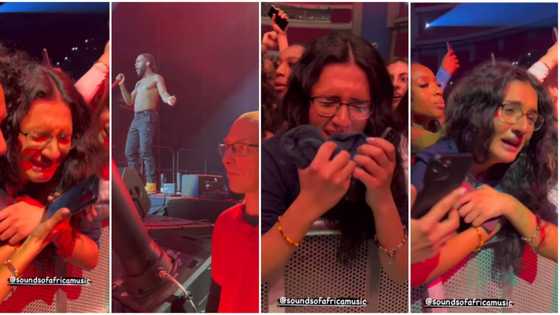 “The love is real”: Video as oyinbo lady cries uncontrollably after catching Burna Boy’s towel at concert