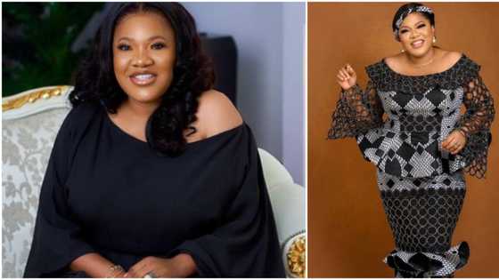 Ankara inspiration: Toyin Abraham rocks monochrome print infused with lacey details