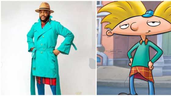 Ebuka sports blue trench coat, brown fedora hat as he dresses up as 90s cartoon character