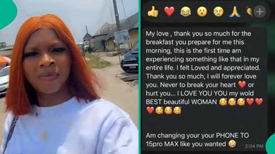 Lady who served her man breakfast in bed for first time displays WhatsApp message he sent