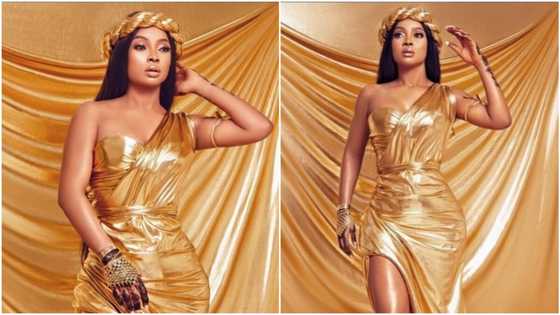 African Cleopatra! Toke Makinwa stuns in gold dress