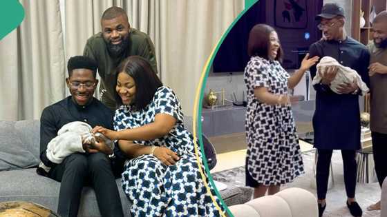 "I feel blessed": Moses Bliss gushes as he visits Mercy Chinwo and hubby, carries baby in video