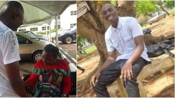 Young man meets his mum at her place of work after graduating, pens down emotional appreciation note