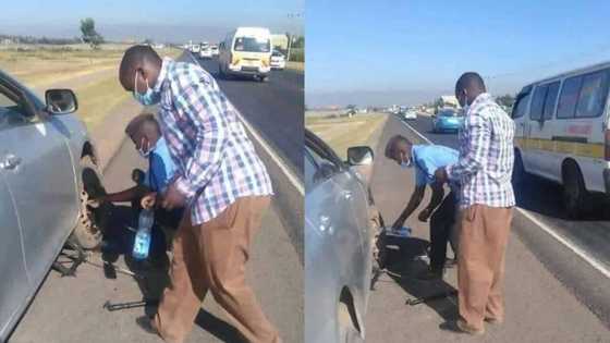 Police officer shows kindness as he helps stranded motorist change flat tyre, heartwarming photos go viral