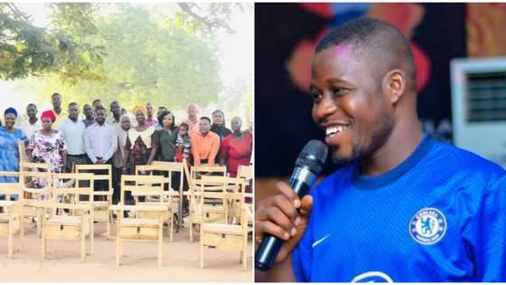 Banker who resigned to be a teacher surprises secondary school in Oyo state with new chairs, photos wow many