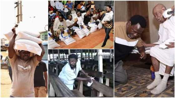 Throwback photos of TB Joshua capture moments he shared bags of food to poor people, cleaned church chairs