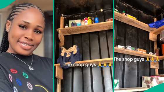 Lady shows off goods in her provision shop, people react: "Perfume and ogogoro?"